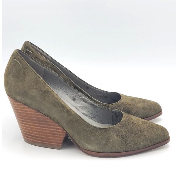 Eileen Fisher Hawk Suede Almond Toe Block Heel Pumps Size 7 Olive Green GUC 3" - Picture 3 of 7